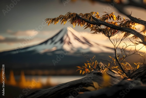 Mt.Hood at sunset, With foliage in the foreground, Generative AI