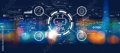 Robotic Process Automation RPA theme with blurred city lights at night