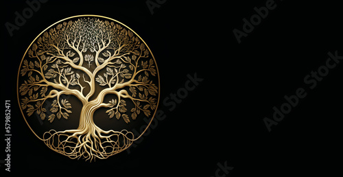 Golden Tree of Life over Black Background Banner Illustration , Sacred Tree Circular Shape, Generative AI