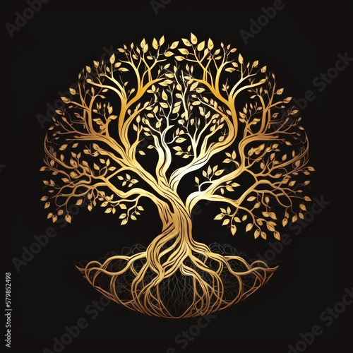 Golden Tree of Life over Black Background Banner Illustration , Sacred Tree Circular Shape, Generative AI