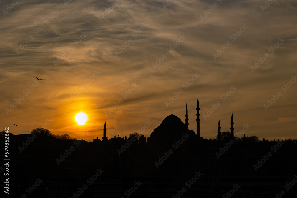 Fototapeta premium Silhouette of Suleymaniye Mosque. Ramadan or islamic concept photo