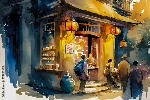 Watercolor painting of a traditional Chinese shop in a bustling quarter, Generative AI