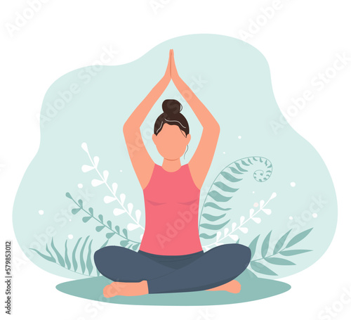 The girl sits in a lotus position, raises her hands up above her head. Woman doing yoga. Vector graphics.