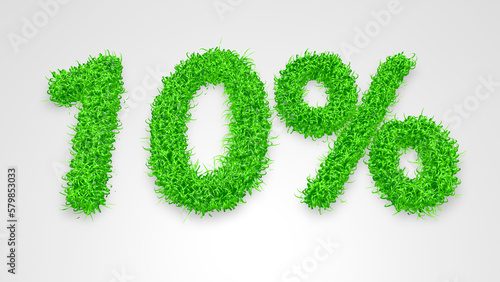 10 percent written with 3D green grass on white background. Concept illustration of 10 percent price discount. Seasonal sale. Banner for advertising.
