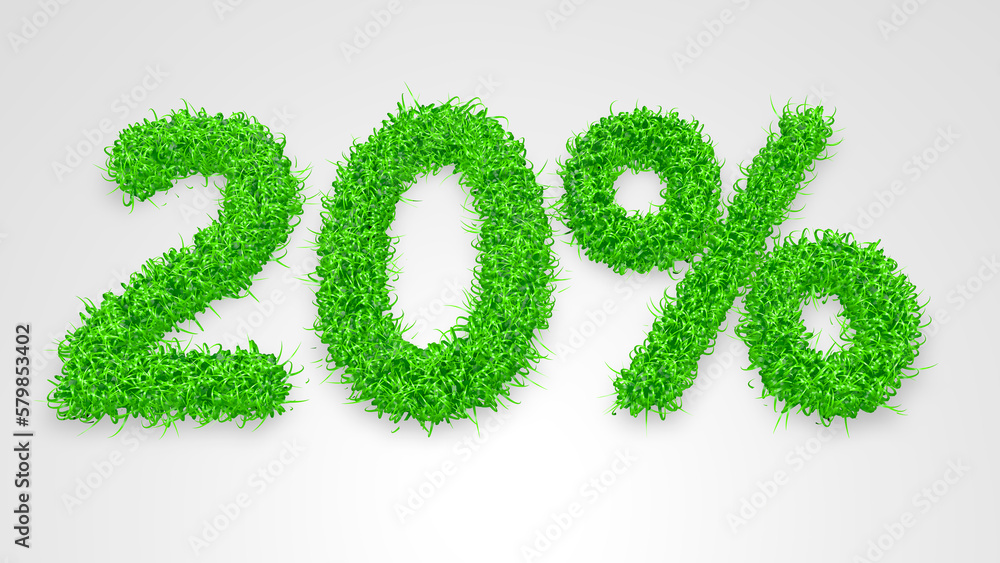 20 percent written with 3D green grass on white background. Concept illustration of 20 percent price discount. Seasonal sale. Banner for advertising. 20 percent written with 3D green grass on white background. Concept illustration of 20 percent price discount. Seasonal sale. Banner for advertising.