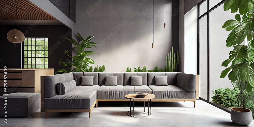 Modern Interior Design Of Apartment, Living Room With Gray Sofa Over The Concrete, Stucco Wall. Home Interior. Loft Style 3d Rendering. Generative AI Modern Interior Design Of Apartment, Living Room With Gray Sofa Over The Concrete, Stucco Wall. Home Interior. Loft Style 3d Rendering. Generative AI