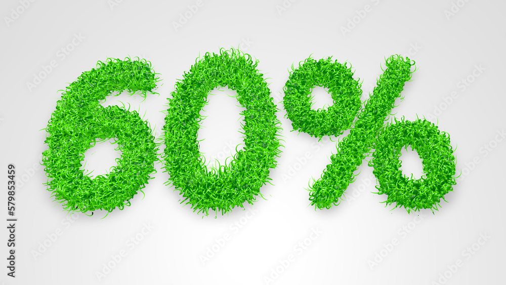 60 percent written with 3D green grass on white background. Concept illustration of 60 percent price discount. Seasonal sale. Banner for advertising. 60 percent written with 3D green grass on white background. Concept illustration of 60 percent price discount. Seasonal sale. Banner for advertising.