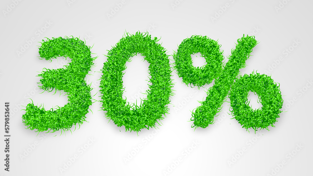30 percent written with 3D green grass on white background. Concept illustration of 30 percent price discount. Seasonal sale. Banner for advertising. 30 percent written with 3D green grass on white background. Concept illustration of 30 percent price discount. Seasonal sale. Banner for advertising.