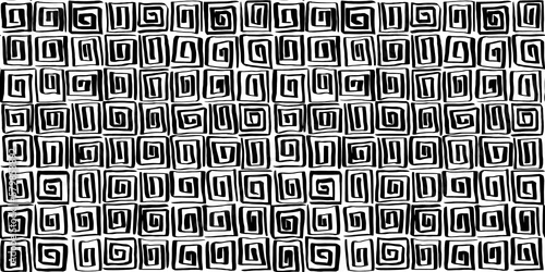 Seamless Egyptian motif or Greek key pattern of wonky hand drawn black ink spiral square lines on transparent background. Simple abstract blender texture in a bold whimsical doodle line art style. photo