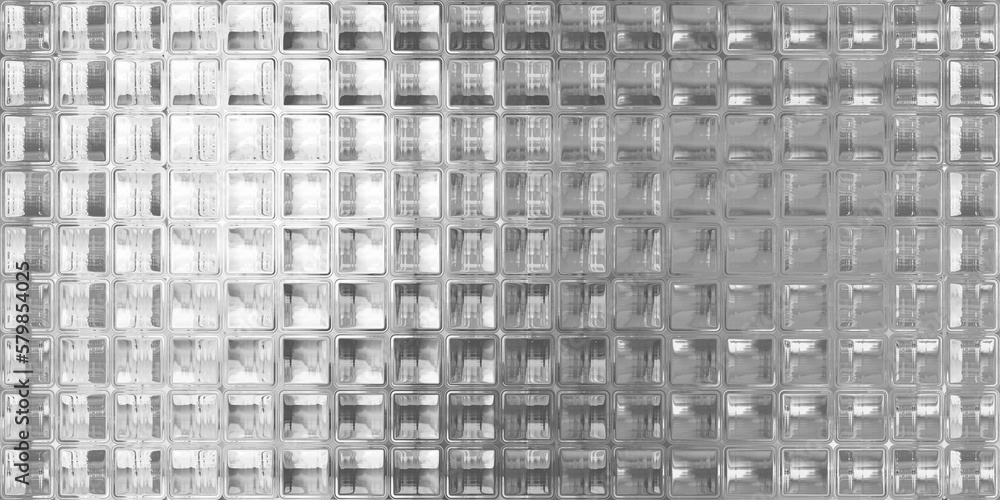 Fototapeta premium Seamless crystal cut glass block wall abstract transparent background texture overlay. Trendy vintage retro room divider pattern. Shiny reflective silver squares mosaic banner backdrop. 3D rendering.