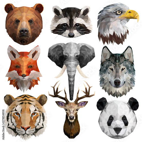 Animal illustration set. Mammals, bear, racoon, bald eagle, fox, elephant, wolf, tiger, deer, panda. Geometric vector illustration. Flat design. Polygonal portraits.