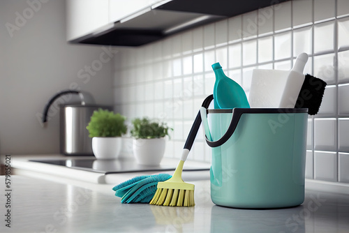 Cleaning tools in the kitchen created with AI