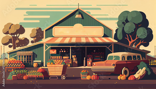 Farmers market, fair or shop with fresh fruits and vegetables in retro style, outdoor, signboard with copy space. Generative AI photo