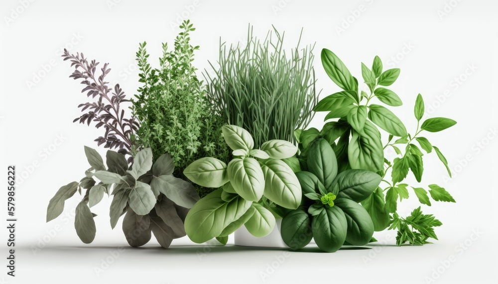 Obraz premium A bright, colorful bunch of fresh herbs is perfectly arranged on a white background, the lighting emphasizing their fresh and aromatic qualities generative ai