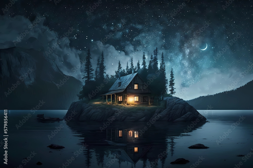 A cabin sits on a lake at night while a meteor shower and stars shine above, Created with Generative AI