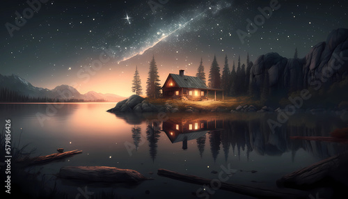 A cabin sits on a lake at night while a meteor shower and stars shine above, Created with Generative AI