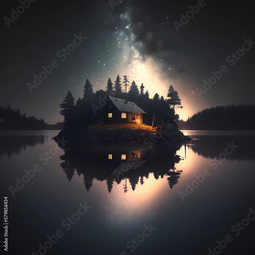 A cabin sits on a lake at night while a meteor shower and stars shine above  Created with Generative AI