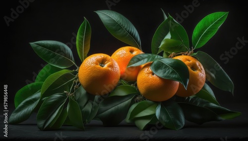 A collection of ripe oranges with green leaves, isolated on a black background. The deep, rich colors and sharp lighting create a sense of luxury and elegance. generative ai