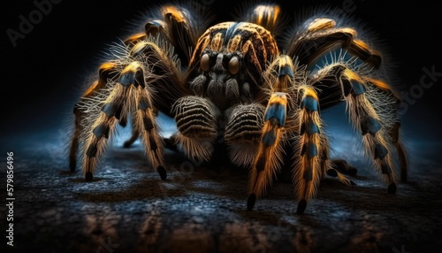 Print op canvas A creepy and crawly tarantula sitting on a web, isolated on a black background
