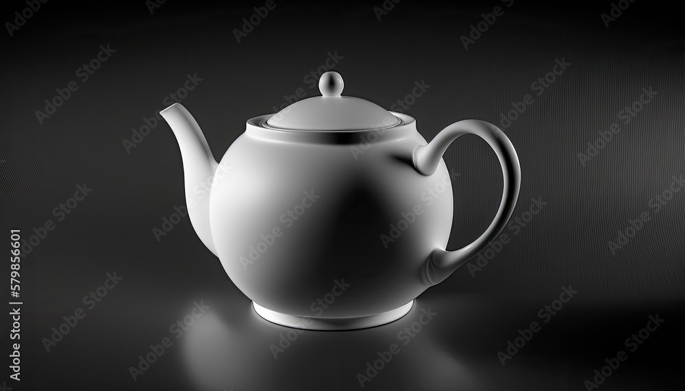 A minimalist white teapot on a black background. The atmosphere is calming and serene, with a feeling of simplicity and elegance. The teapot is illuminated from the side, casting generative ai A minimalist white teapot on a black background. The atmosphere is calming and serene, with a feeling of simplicity and elegance. The teapot is illuminated from the side, casting generative ai