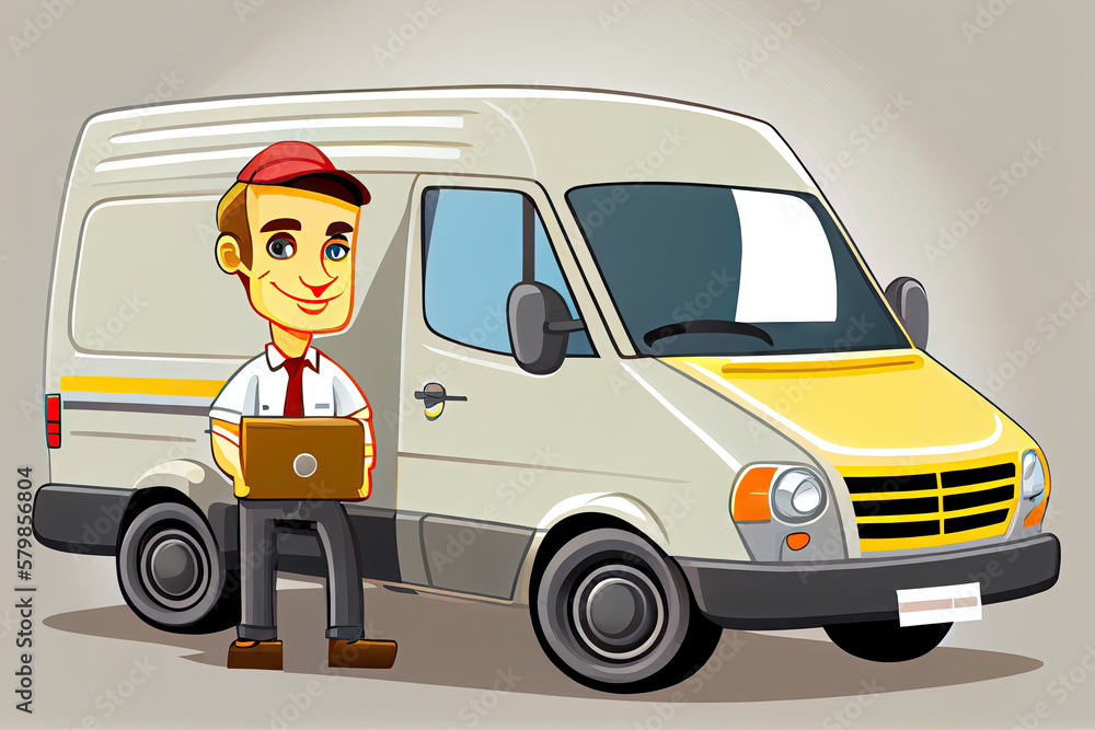 Delivery man holding cardboard box in front of his truck created with AI Delivery man holding cardboard box in front of his truck created with AI