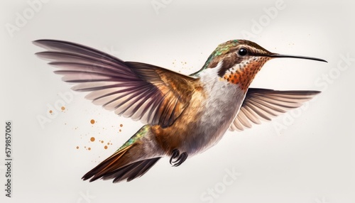 Delicate hummingbird, hovering in mid-air. Isolated on a white background. Soft, gentle lighting enhances the beauty and grace of this tiny bird. Warm tones create a sense of serenity generative ai © 3D Station