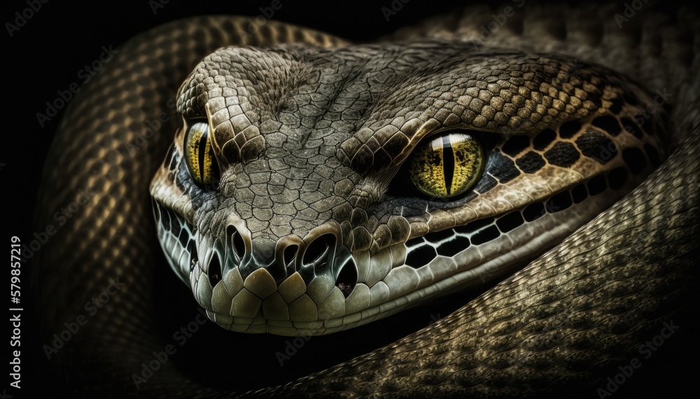 Fototapeta premium Slithery snake, with a flickering tongue and hypnotic eyes. Isolated on a white background. Moody, low lighting creates a sense of danger and intrigue. Cool tones add a touch of mystery generative ai