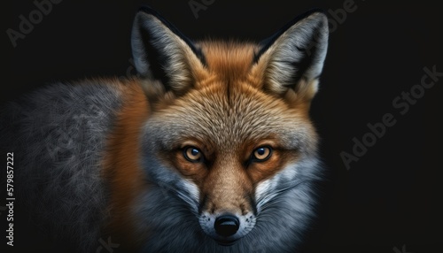 Sly fox, with piercing eyes and a sly grin. Isolated on a black background. Moody, low lighting creates a sense of mystery and intrigue. Cool tones add a touch of danger and generative ai 