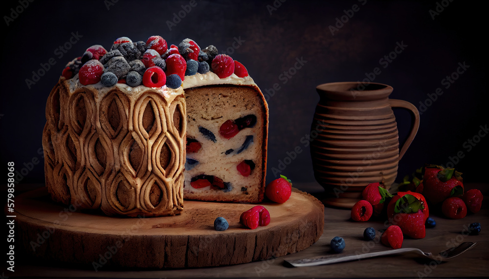 Colorful Fruit Cake Slice Decorated with Strwberries on Golden Plate Dark Classic Theme Background Generative AI