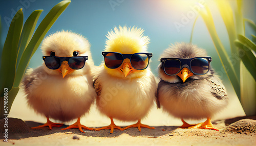 Three Staring Yellow Chicks Wearing Sunglasses. Ai generative illustration. 