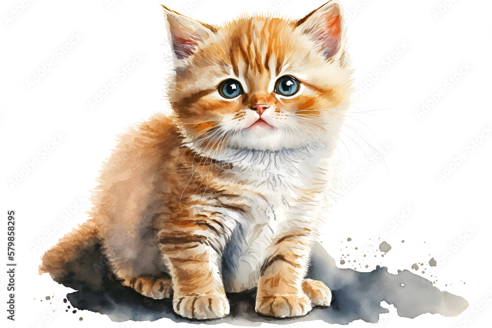 Illustration of watercolor cute baby cat, ai generative