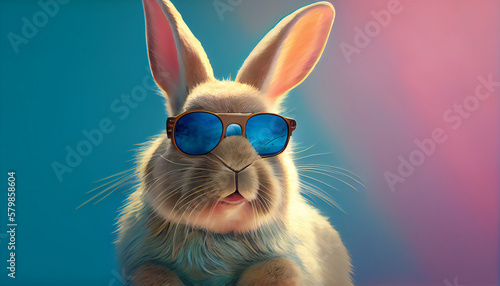 Easter bunny cool with sunglasses on soft background. Ai generative illustration. 