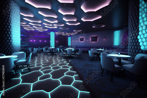 Fotografia Nightclub interior with cove Lighting, Accent Lighting, and glowing neon waves on the floor,