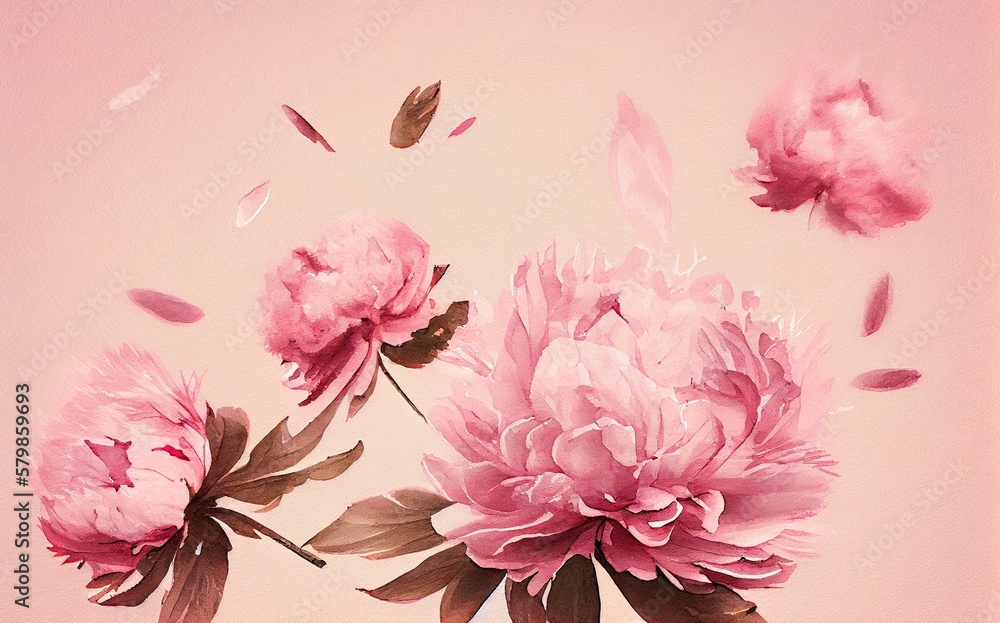  pink pions fly on soft pink background, watercolor style generative AI