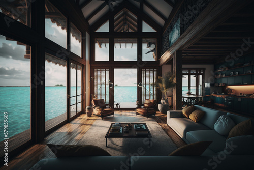 Luxury bungalow villa interior living room in tropical paradise maldives with view on crystal clear ocean.