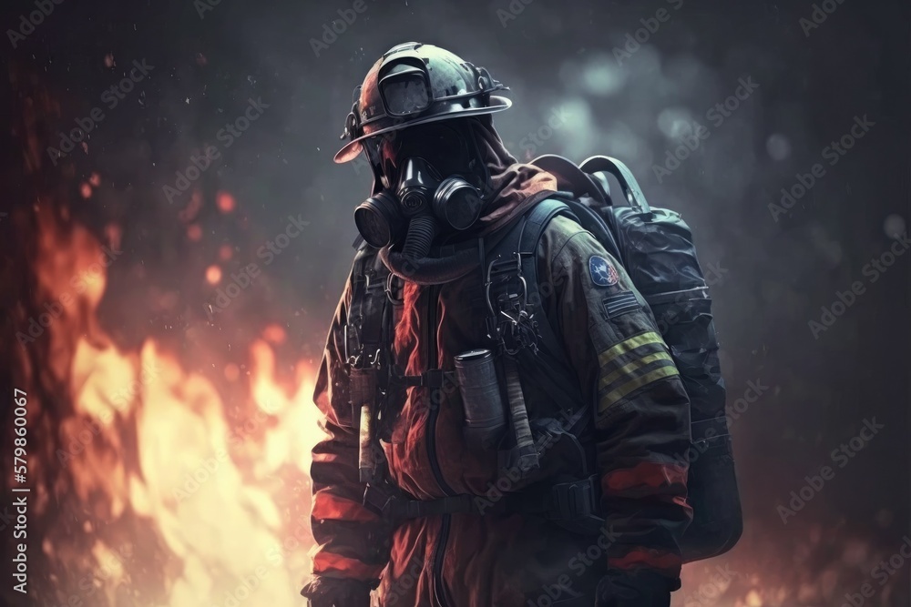 Firefighter searching for possible survives. Generative AI Firefighter searching for possible survives. Generative AI