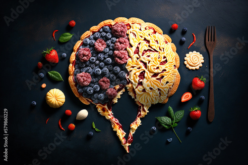 Brain made from healthy food, fruits and vegetables. Concept of healthy living and a strong mindset. photo