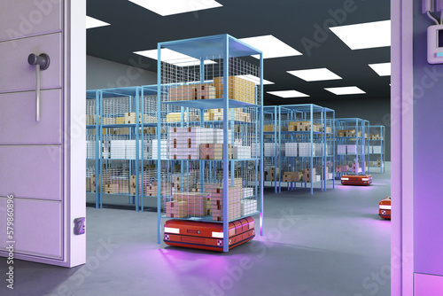 AMR technology. Warehouse robotics. Self-driving carts sort goods in warehouse. AMR for storage. 3d rendering photo