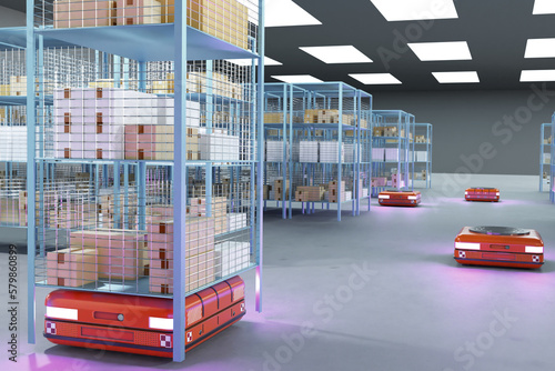 robots efficiently sorting hundreds of parcels. AMR technology. Self-driving carts sort goods in warehouse. AMR for storage. 3d rendering photo