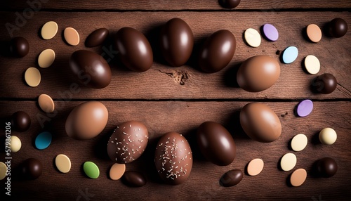 chocolate eggs or easter eggs, top view on wooden table with copy space. generative ai