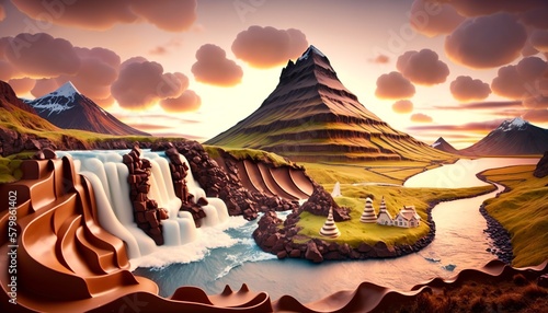 landscape where everything is made of chocolate, chocolate world, easter season, mountains, river, trees. ai generative