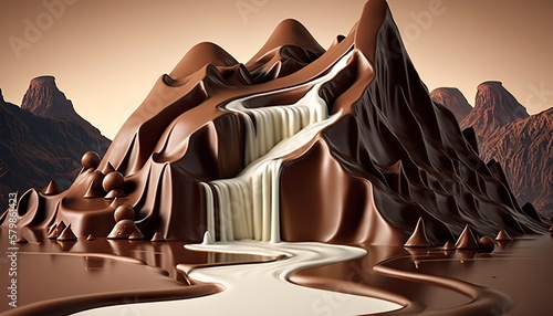 landscape where everything is made of chocolate, chocolate world, easter season, mountains, river, trees. ai generative photo