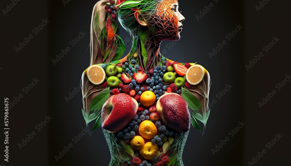 Woman's body made of healthy fruits. female health concept. generative ai content