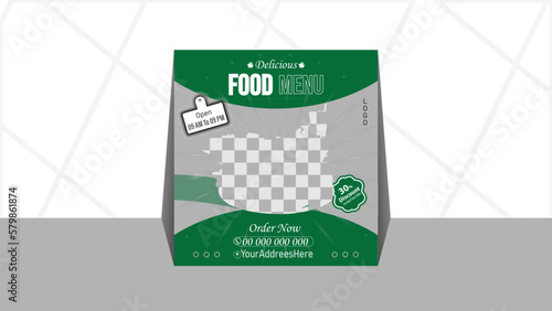Fast food business marketing social media post for restaurant. Web banner template design with abstract background. Fresh pizza, burger & pasta online sale promotion flyer or poster for social media.
