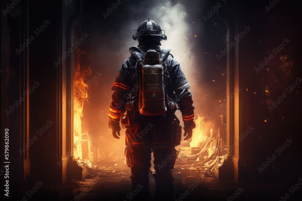 Firefighter searching for possible survives. Generative AI Firefighter searching for possible survives. Generative AI