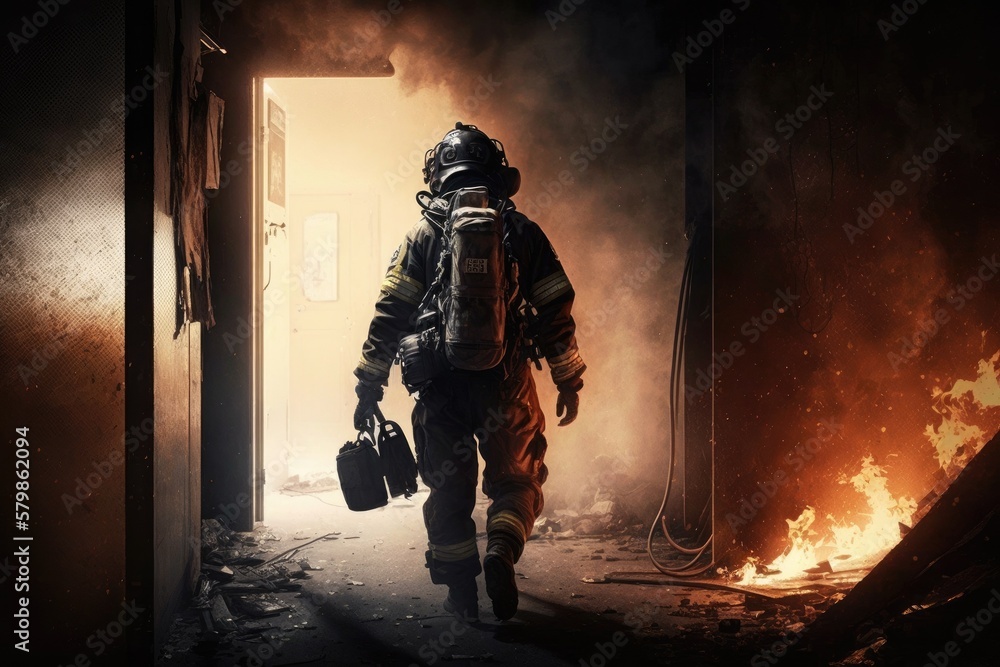 Firefighter searching for possible survives. Generative AI Firefighter searching for possible survives. Generative AI
