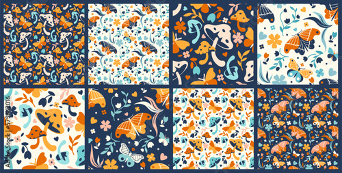 Vintage elegant muted spring collection of floral seamless patterns with insects, herbs and flowers. Retro bloom concept. Mystery witchcraft backdrop. Flat illustration