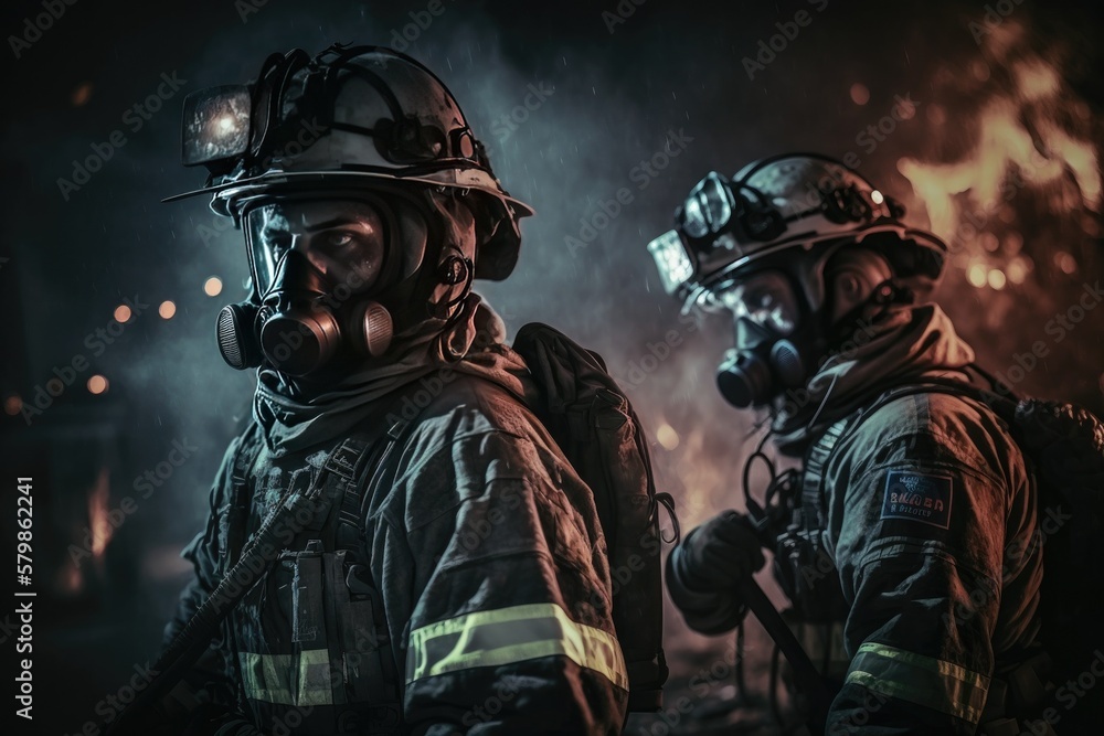 Naklejka premium Firefighter searching for possible survives. Generative AI