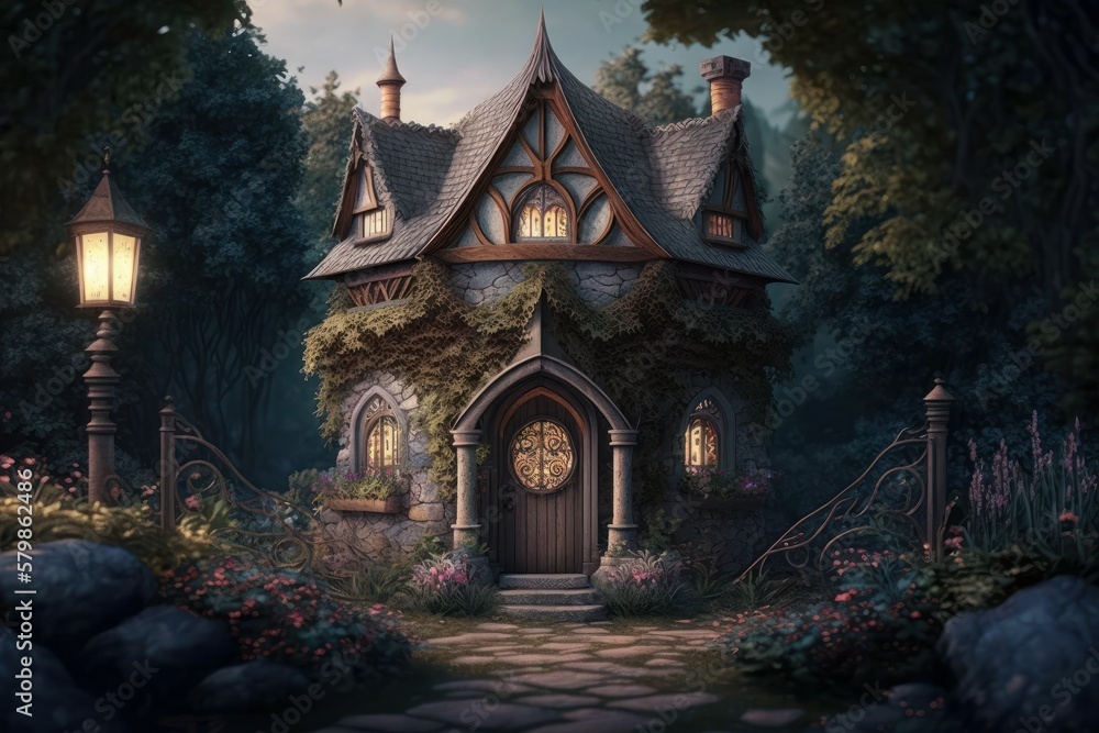 Courtyard of an old medieval house. Fantasy background. AI generated Courtyard of an old medieval house. Fantasy background. AI generated