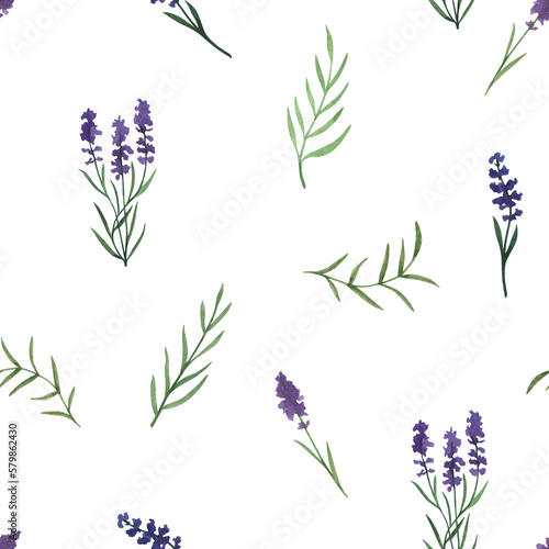Provence lavender flowers and leaves seamless pattern. Hand drawn summer watercolor